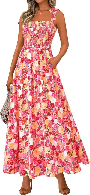 PRETTYGARDEN Womens Summer Dresses Floral Sleeveless Smocked Maxi Dress Boho Spaghetti Strap A Line Flowy Beach Long Sundress