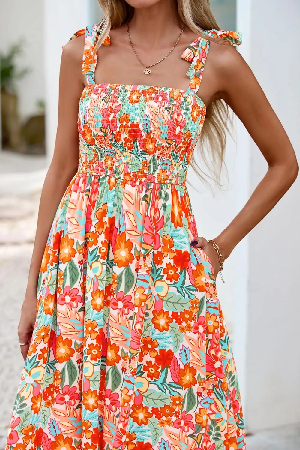 PRETTYGARDEN Womens Summer Dresses Floral Sleeveless Smocked Maxi Dress Boho Spaghetti Strap A Line Flowy Beach Long Sundress