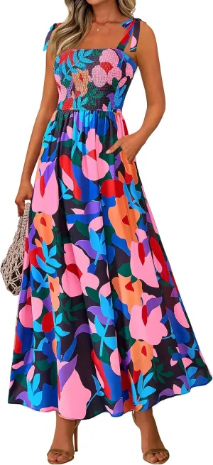 PRETTYGARDEN Womens Summer Dresses Floral Sleeveless Smocked Maxi Dress Boho Spaghetti Strap A Line Flowy Beach Long Sundress