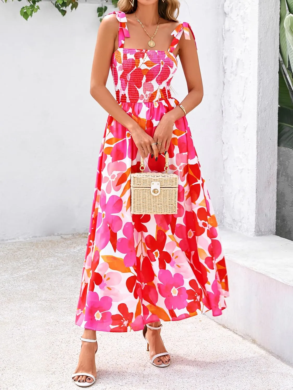 PRETTYGARDEN Womens Summer Dresses Floral Sleeveless Smocked Maxi Dress Boho Spaghetti Strap A Line Flowy Beach Long Sundress