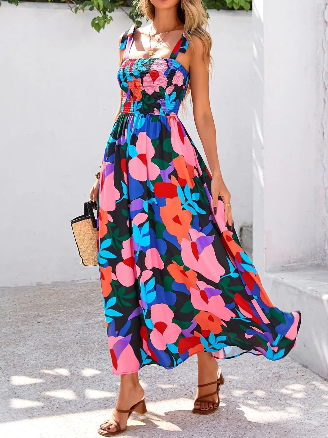 PRETTYGARDEN Womens Summer Dresses Floral Sleeveless Smocked Maxi Dress Boho Spaghetti Strap A Line Flowy Beach Long Sundress