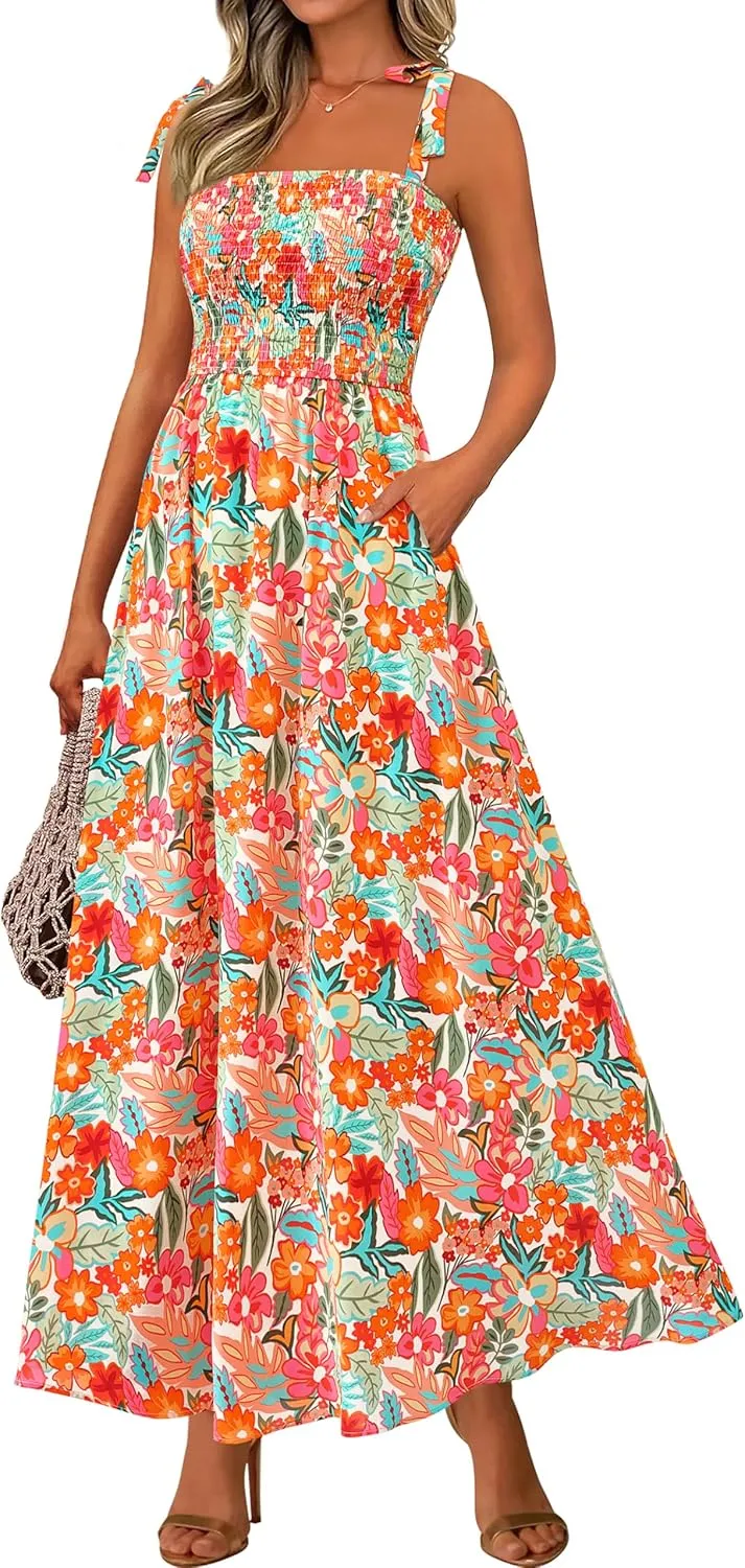 PRETTYGARDEN Womens Summer Dresses Floral Sleeveless Smocked Maxi Dress Boho Spaghetti Strap A Line Flowy Beach Long Sundress