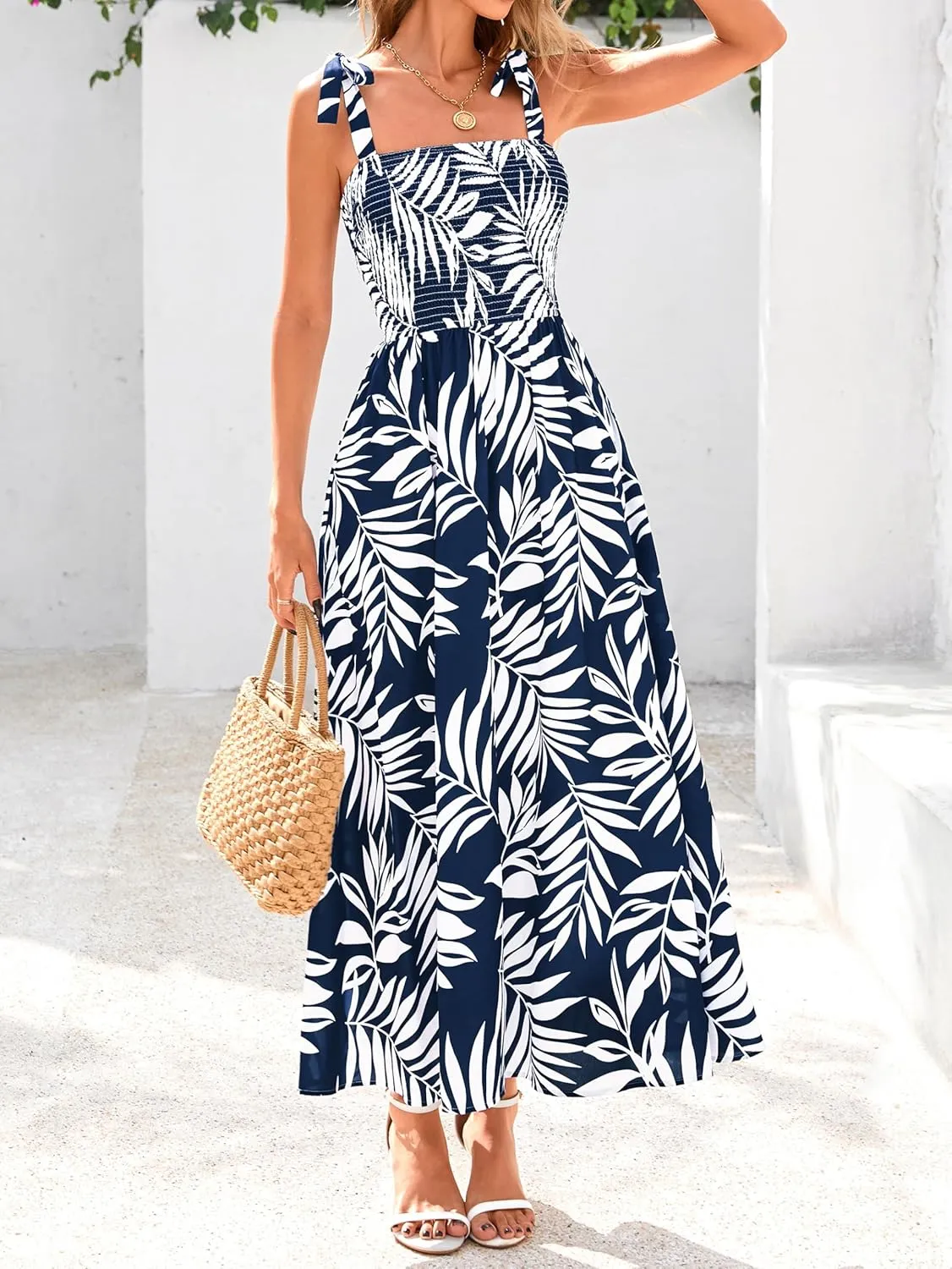 PRETTYGARDEN Womens Summer Dresses Floral Sleeveless Smocked Maxi Dress Boho Spaghetti Strap A Line Flowy Beach Long Sundress