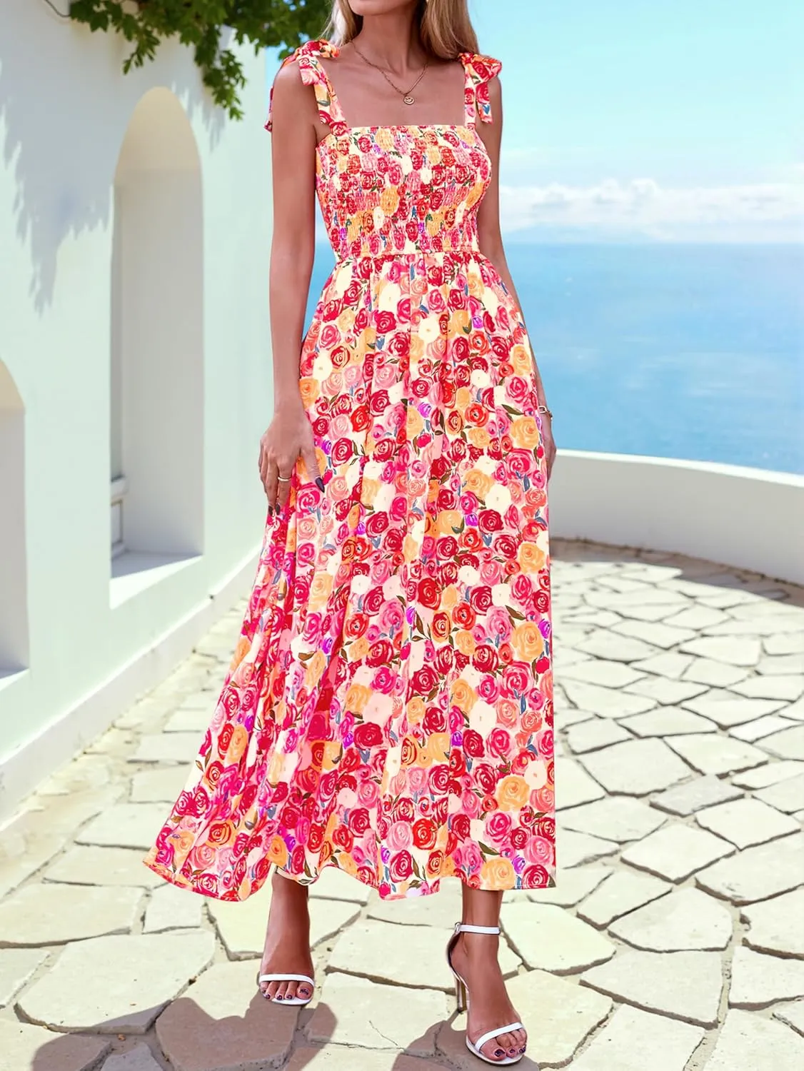 PRETTYGARDEN Womens Summer Dresses Floral Sleeveless Smocked Maxi Dress Boho Spaghetti Strap A Line Flowy Beach Long Sundress