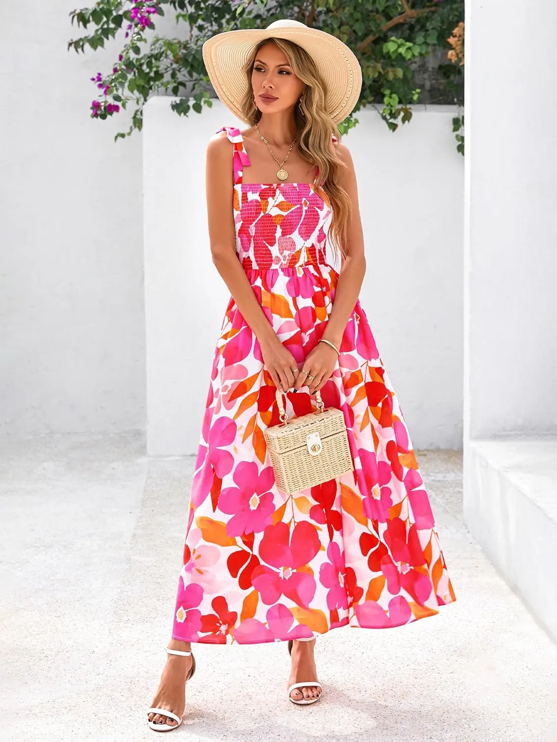 PRETTYGARDEN Womens Summer Dresses Floral Sleeveless Smocked Maxi Dress Boho Spaghetti Strap A Line Flowy Beach Long Sundress