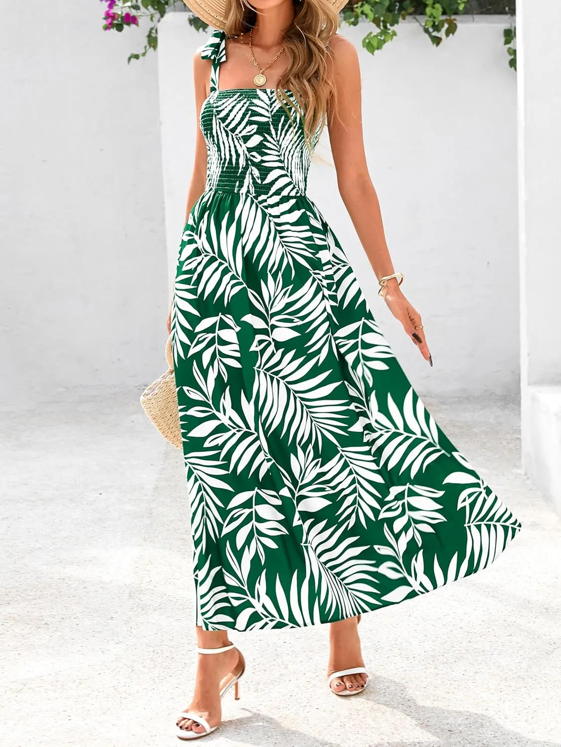 PRETTYGARDEN Womens Summer Dresses Floral Sleeveless Smocked Maxi Dress Boho Spaghetti Strap A Line Flowy Beach Long Sundress