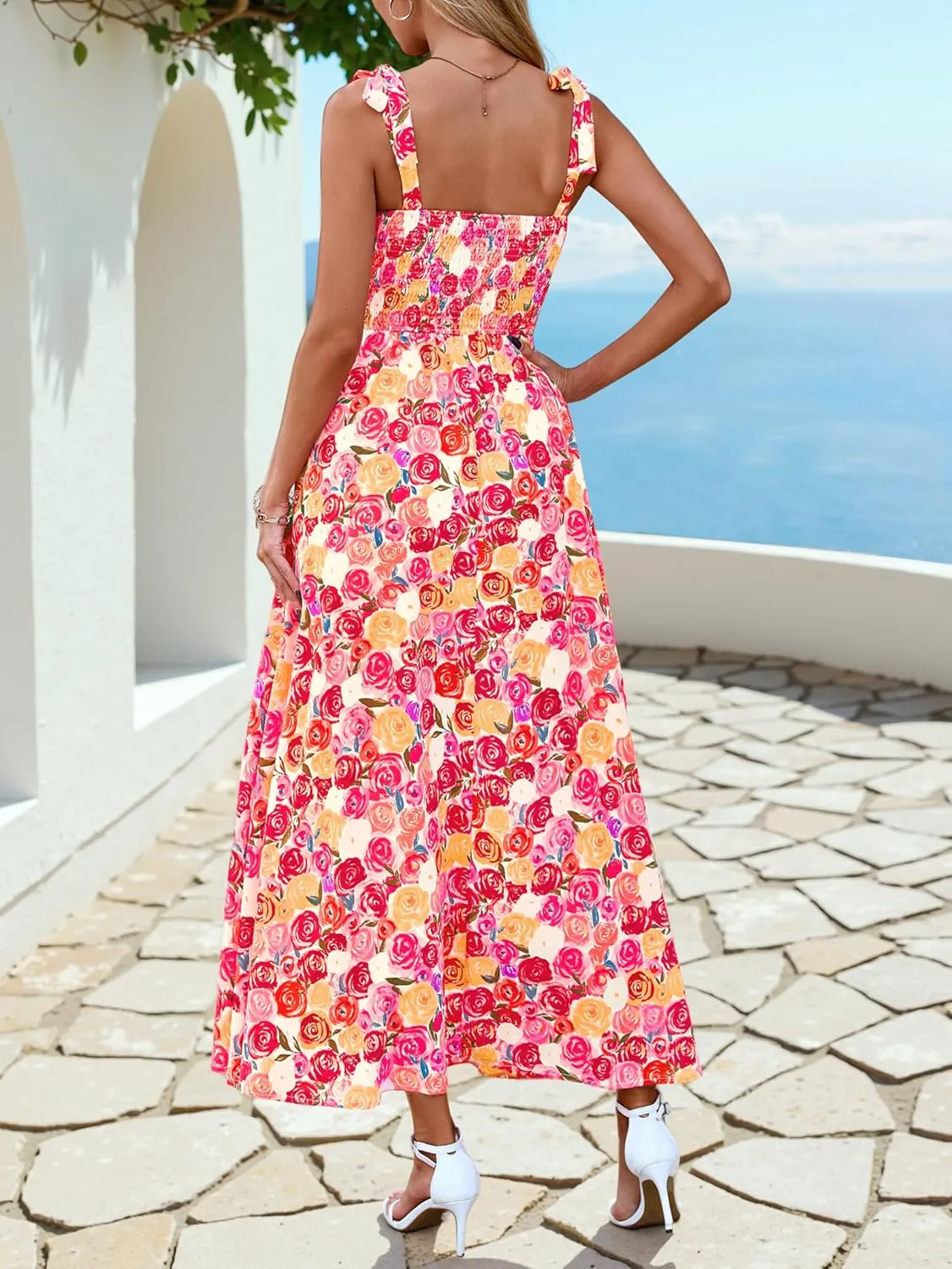 PRETTYGARDEN Womens Summer Dresses Floral Sleeveless Smocked Maxi Dress Boho Spaghetti Strap A Line Flowy Beach Long Sundress