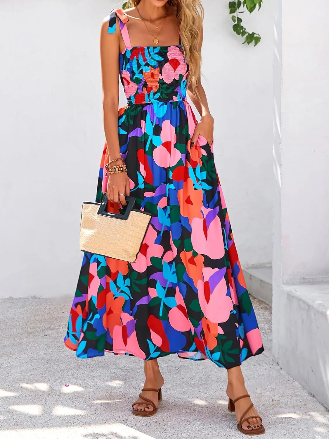 PRETTYGARDEN Womens Summer Dresses Floral Sleeveless Smocked Maxi Dress Boho Spaghetti Strap A Line Flowy Beach Long Sundress