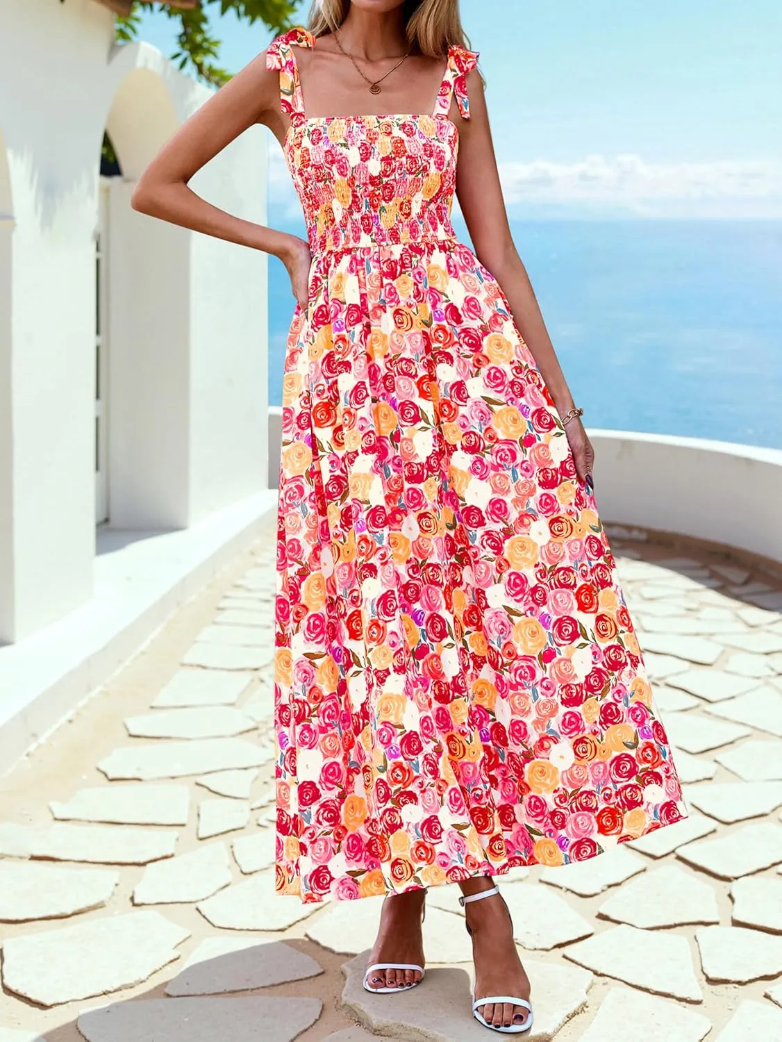 PRETTYGARDEN Womens Summer Dresses Floral Sleeveless Smocked Maxi Dress Boho Spaghetti Strap A Line Flowy Beach Long Sundress