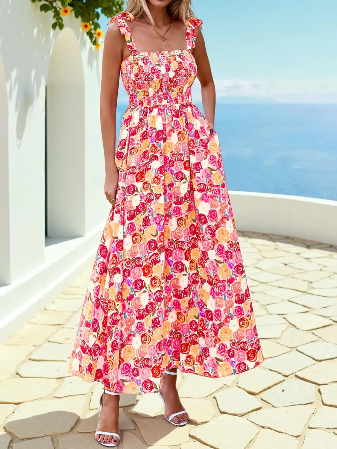 PRETTYGARDEN Womens Summer Dresses Floral Sleeveless Smocked Maxi Dress Boho Spaghetti Strap A Line Flowy Beach Long Sundress