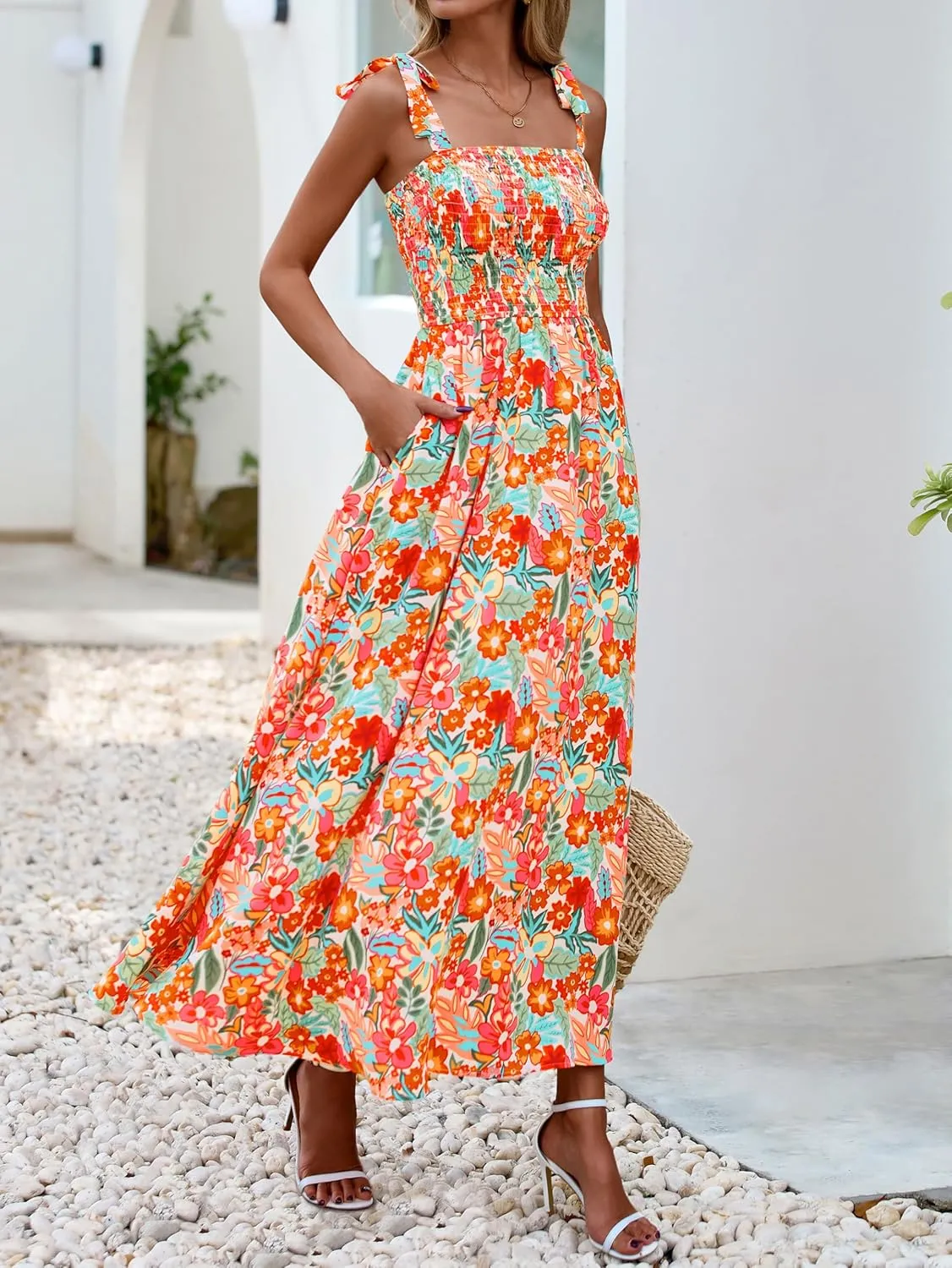 PRETTYGARDEN Womens Summer Dresses Floral Sleeveless Smocked Maxi Dress Boho Spaghetti Strap A Line Flowy Beach Long Sundress