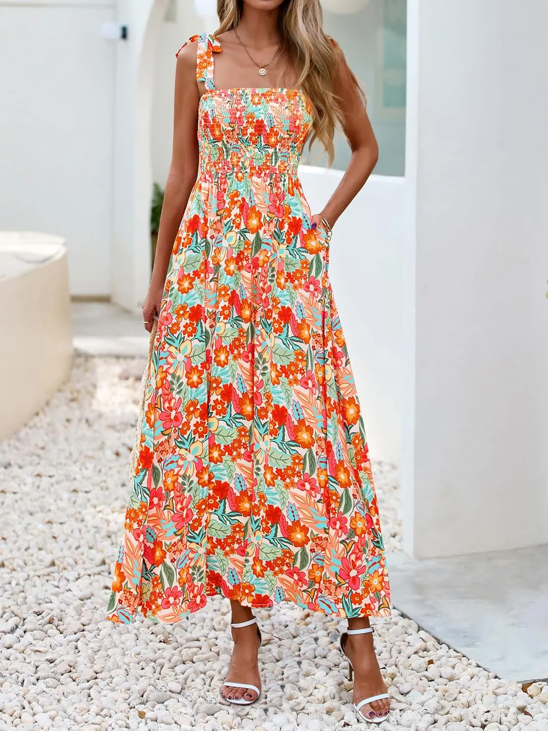 PRETTYGARDEN Womens Summer Dresses Floral Sleeveless Smocked Maxi Dress Boho Spaghetti Strap A Line Flowy Beach Long Sundress