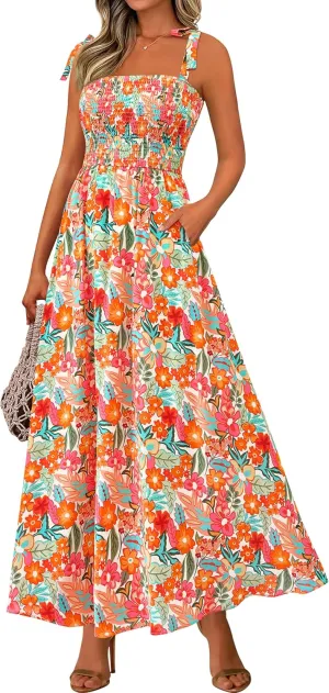 PRETTYGARDEN Womens Summer Dresses Floral Sleeveless Smocked Maxi Dress Boho Spaghetti Strap A Line Flowy Beach Long Sundress