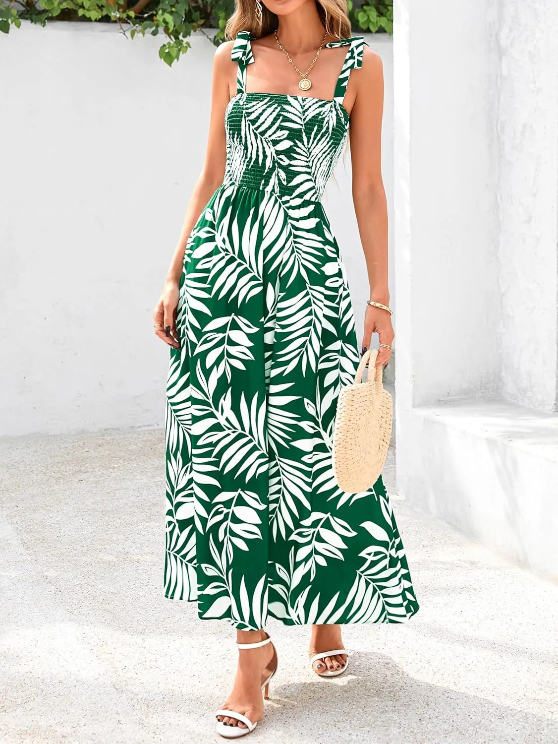 PRETTYGARDEN Womens Summer Dresses Floral Sleeveless Smocked Maxi Dress Boho Spaghetti Strap A Line Flowy Beach Long Sundress