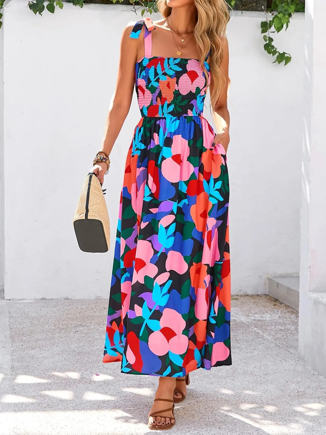 PRETTYGARDEN Womens Summer Dresses Floral Sleeveless Smocked Maxi Dress Boho Spaghetti Strap A Line Flowy Beach Long Sundress
