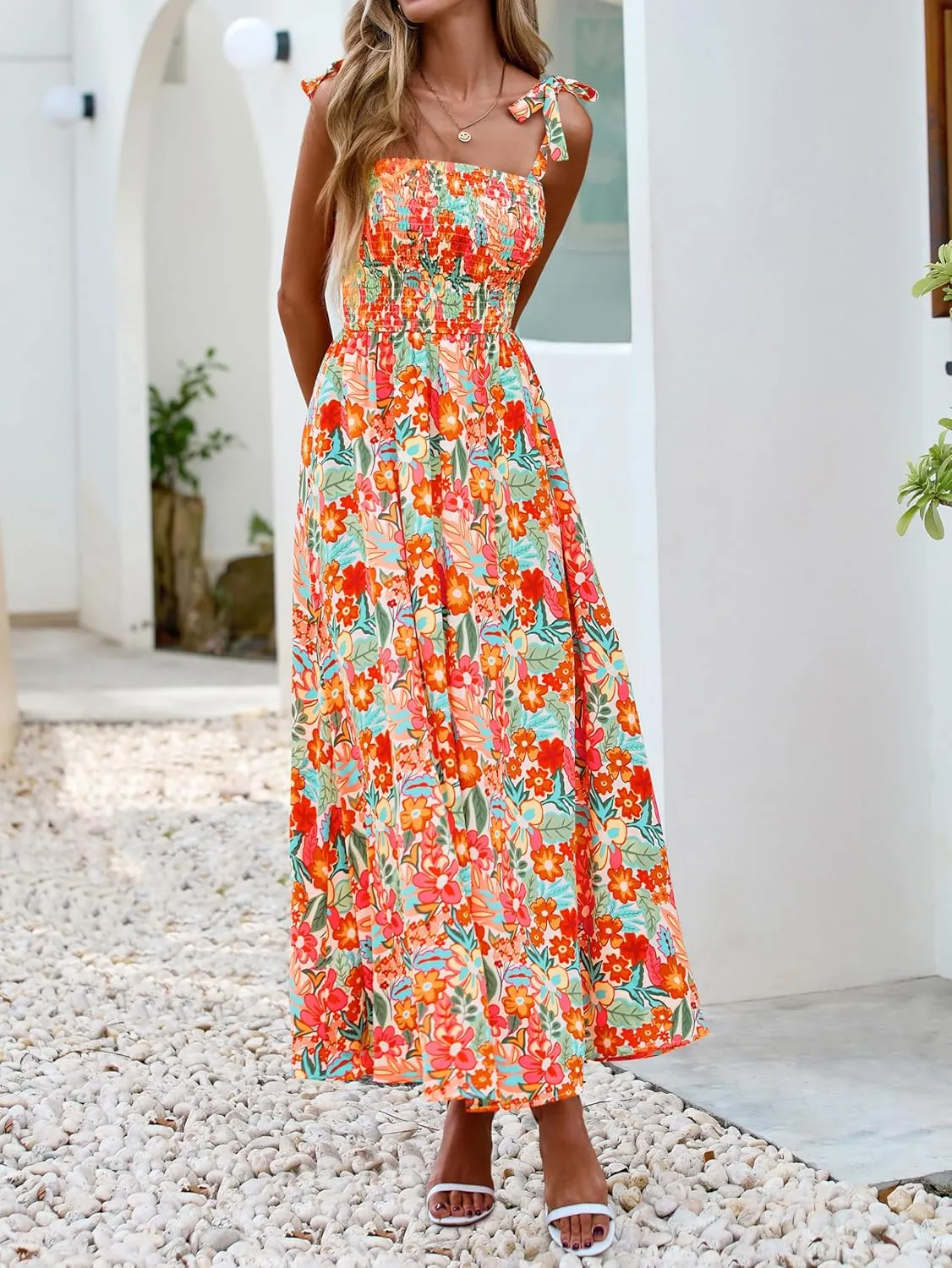 PRETTYGARDEN Womens Summer Dresses Floral Sleeveless Smocked Maxi Dress Boho Spaghetti Strap A Line Flowy Beach Long Sundress