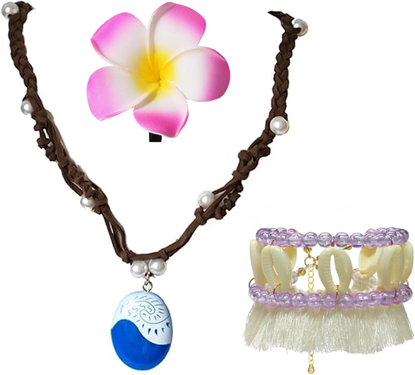 Princess Costume Jewelry Set for Women Princess Cosplay Necklace Ocean Shell Anklets Summer Hawaii Flower Hair Clip Jewelry