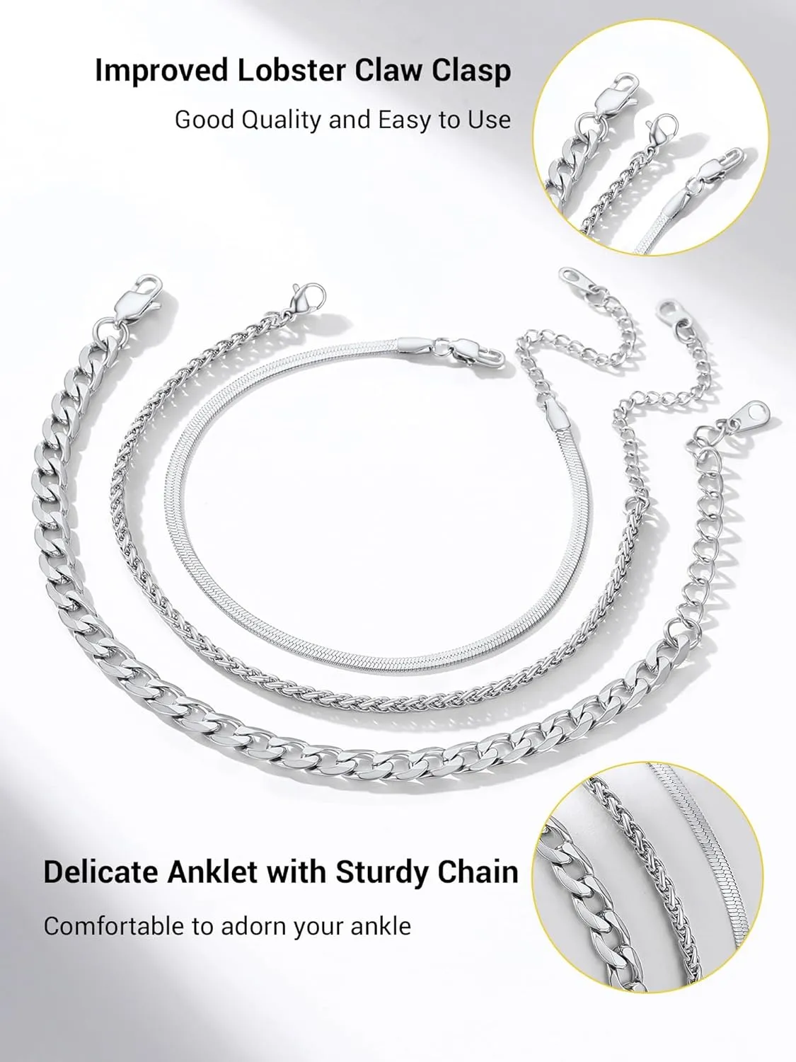 PROSTEEL Ankle Bracelets for Women, Layered Gold Anklets for Women Waterproof, Stainless Steel Cuban Link Anklets Set, 8.5"-10.5" Adjustable Anklet, Come with Box