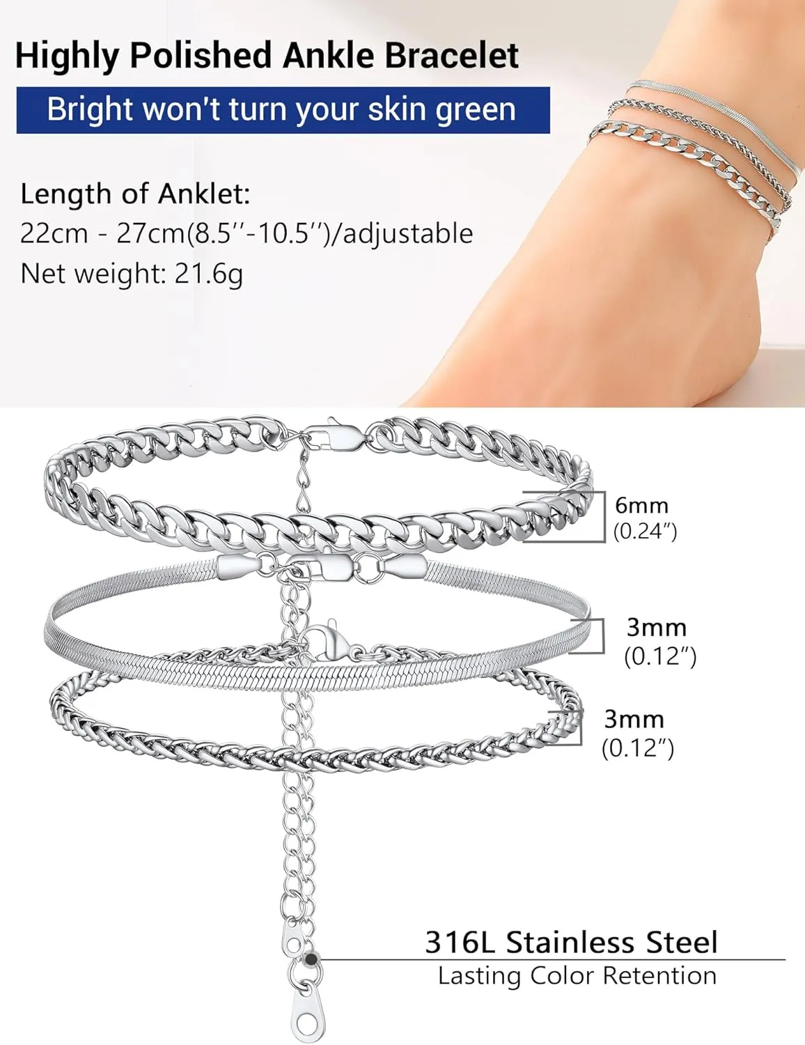 PROSTEEL Ankle Bracelets for Women, Layered Gold Anklets for Women Waterproof, Stainless Steel Cuban Link Anklets Set, 8.5"-10.5" Adjustable Anklet, Come with Box