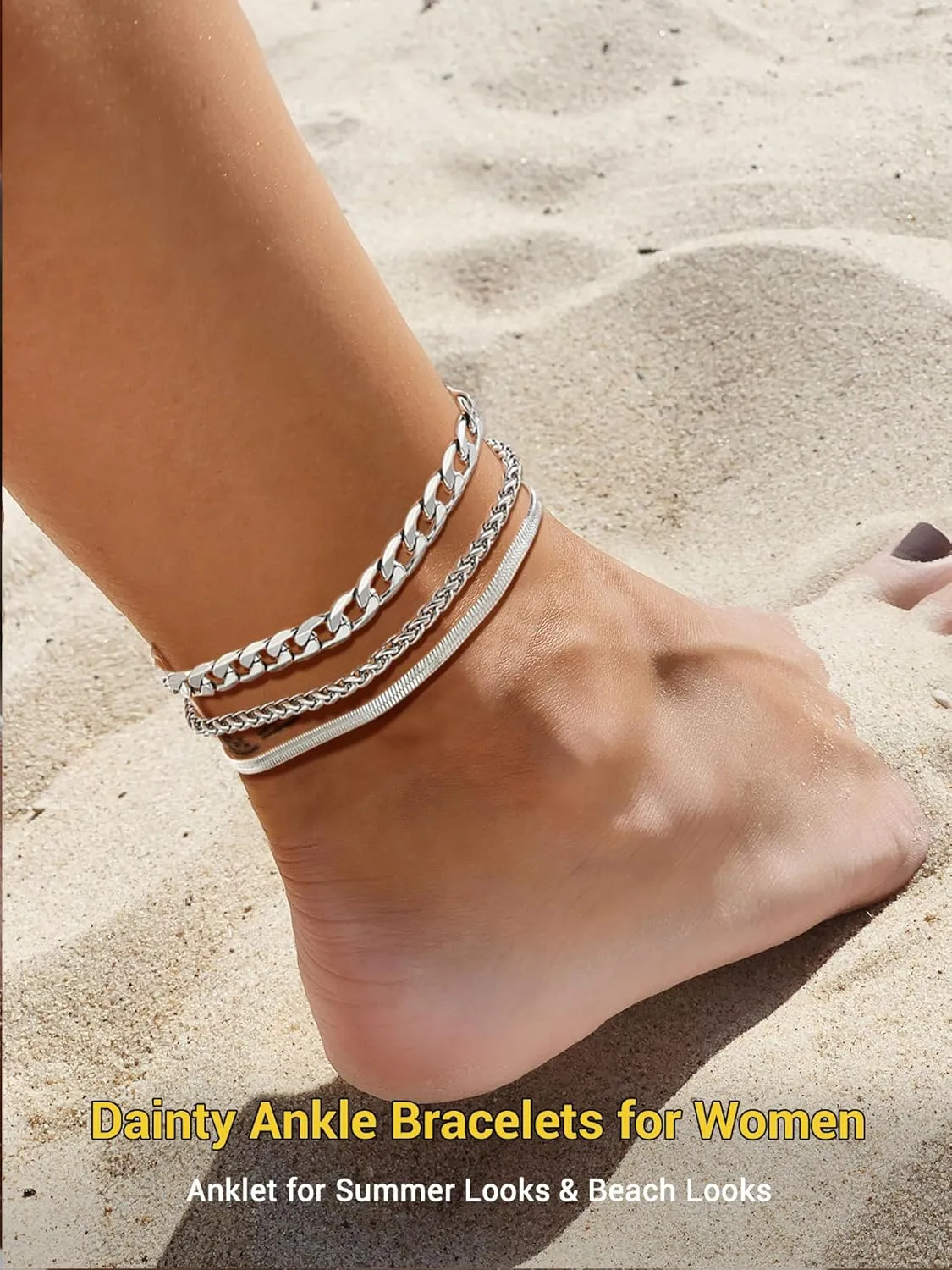 PROSTEEL Ankle Bracelets for Women, Layered Gold Anklets for Women Waterproof, Stainless Steel Cuban Link Anklets Set, 8.5"-10.5" Adjustable Anklet, Come with Box