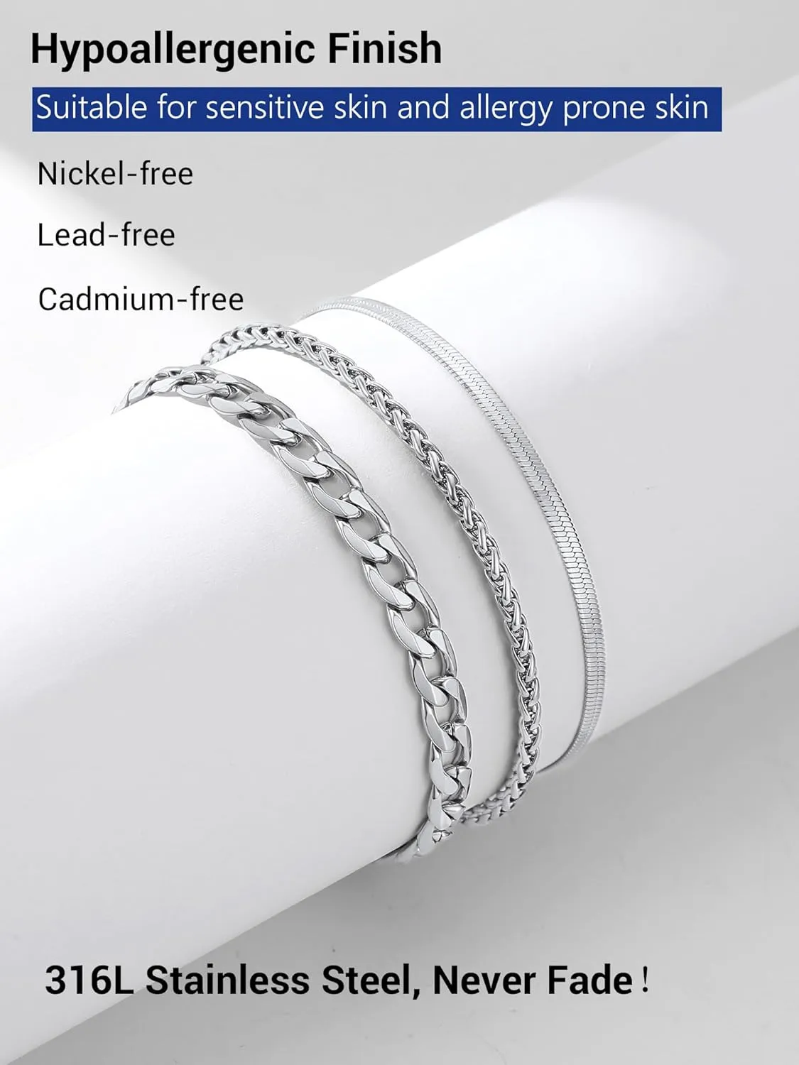 PROSTEEL Ankle Bracelets for Women, Layered Gold Anklets for Women Waterproof, Stainless Steel Cuban Link Anklets Set, 8.5"-10.5" Adjustable Anklet, Come with Box