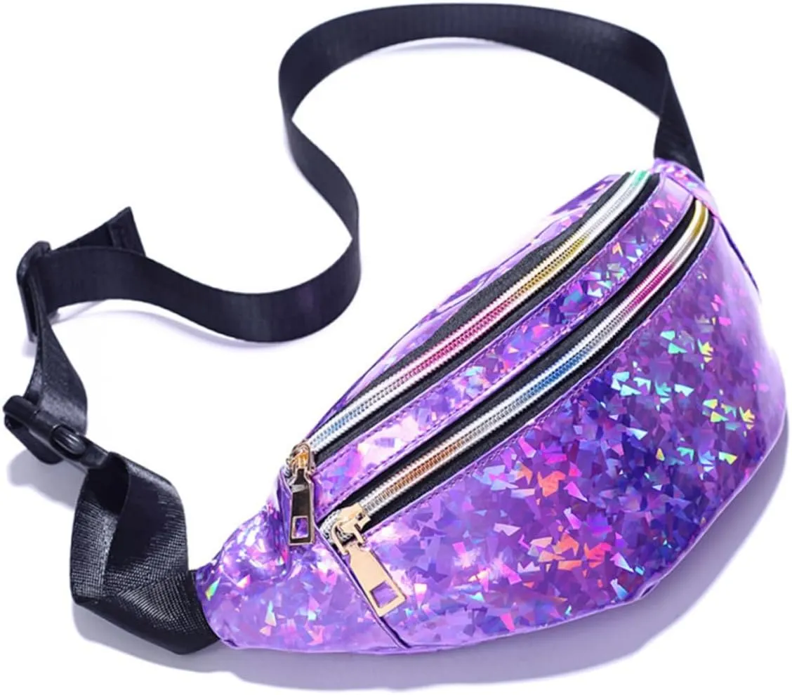 Pu Leather Fanny Pack for Women Sequin Waist Pouch Crossbody Bag Reflective Sequins Large Capacity Fashionable and Charming Outdoor Travel Dazzling Purple