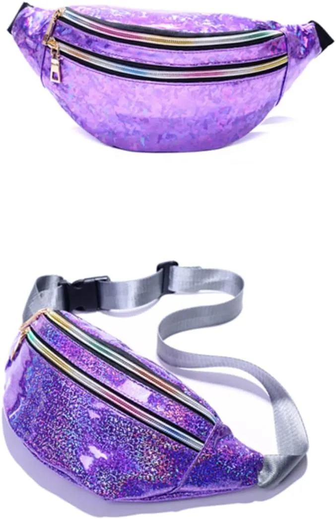 Pu Leather Fanny Pack for Women Sequin Waist Pouch Crossbody Bag Reflective Sequins Large Capacity Fashionable and Charming Outdoor Travel Dazzling Purple