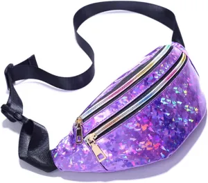 Pu Leather Fanny Pack for Women Sequin Waist Pouch Crossbody Bag Reflective Sequins Large Capacity Fashionable and Charming Outdoor Travel Dazzling Purple