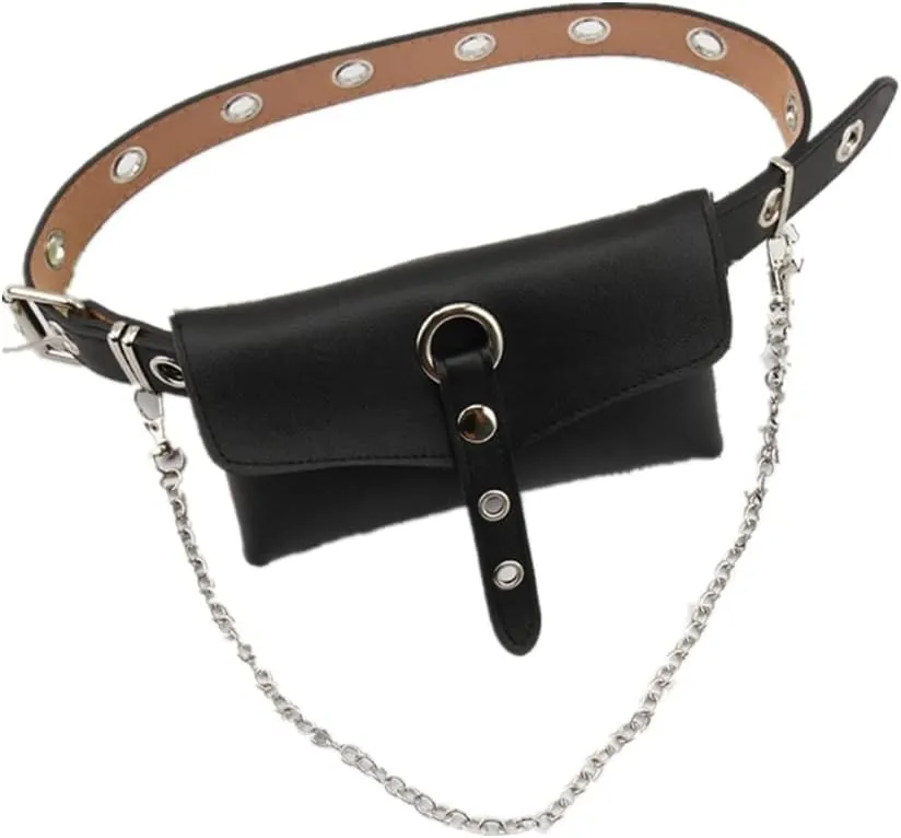 Punk Belt Bag PU Leather Waist Bag Large Capacity Belt Bags Women Crossbody Waist Bags with Belt Chain Mobile Phone Bag Purse Clutch