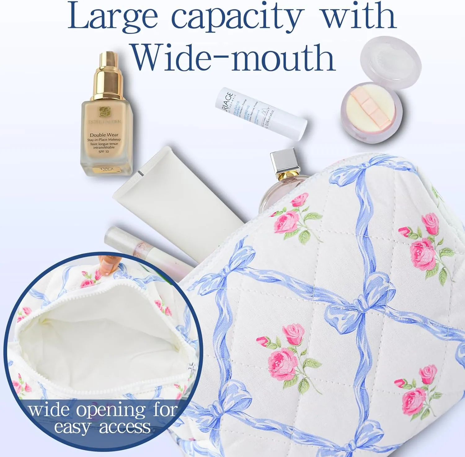 Quilted Makeup Bag Floral Cotton Make up Bag Puffy Coquette Makeup pouch Aesthetic Cute Travel Toiletry Bag for Women Girls