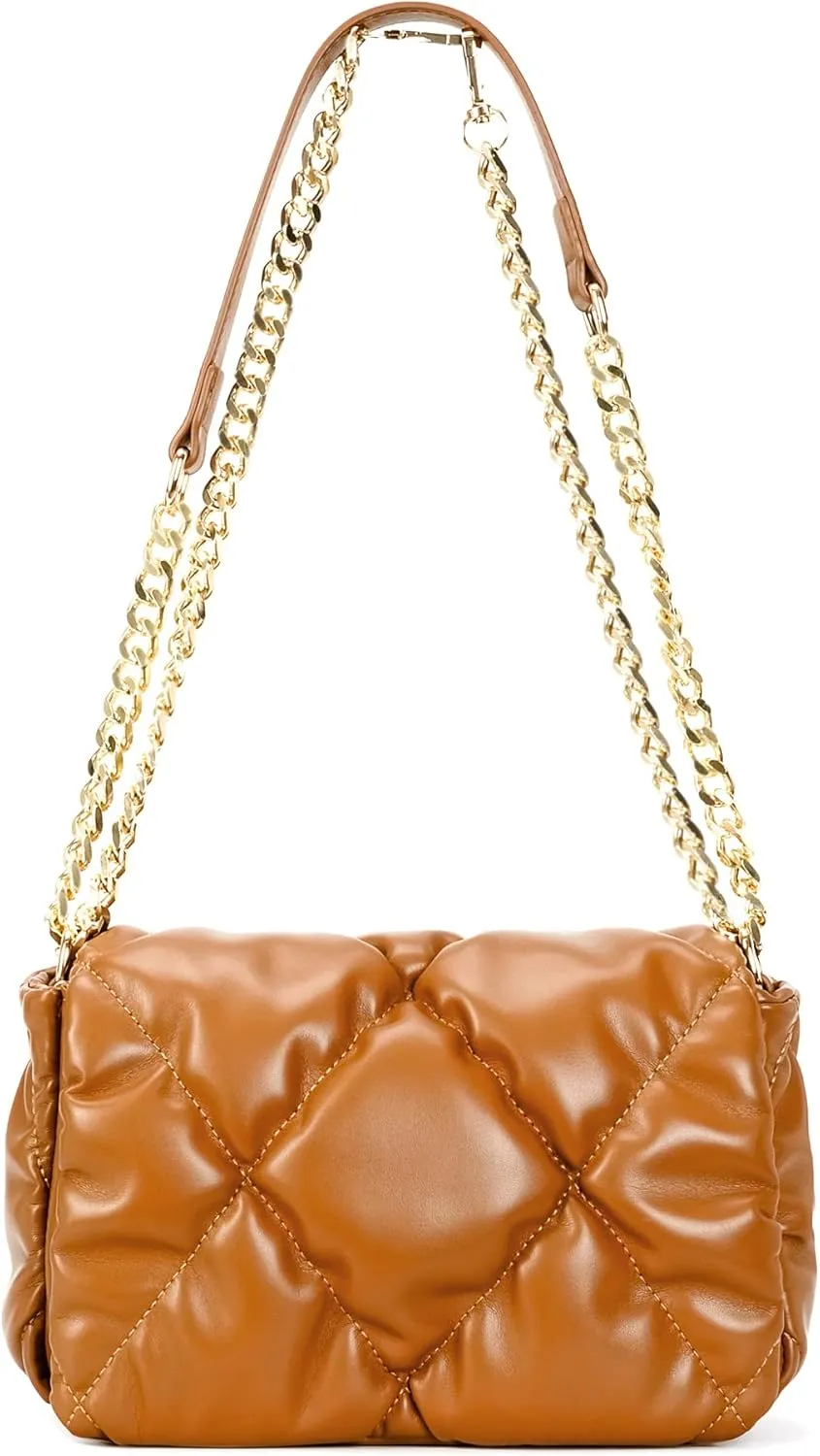 Quilted Pillow Shoulder Bag for Women with Chunky Chain Padded Puffer Puffy Trendy Ruched Crossbody Handbag Side Purse