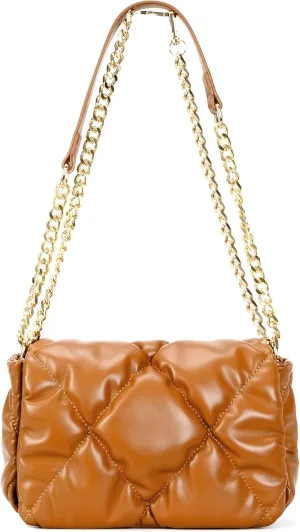 Quilted Pillow Shoulder Bag for Women with Chunky Chain Padded Puffer Puffy Trendy Ruched Crossbody Handbag Side Purse