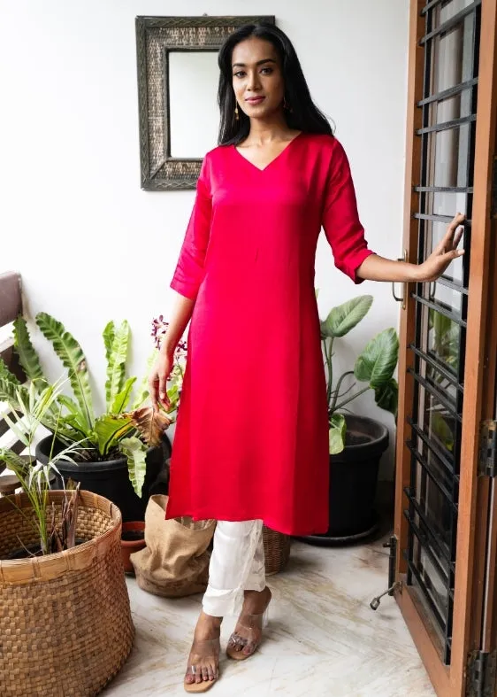 Red V Neck Modal Silk Dress