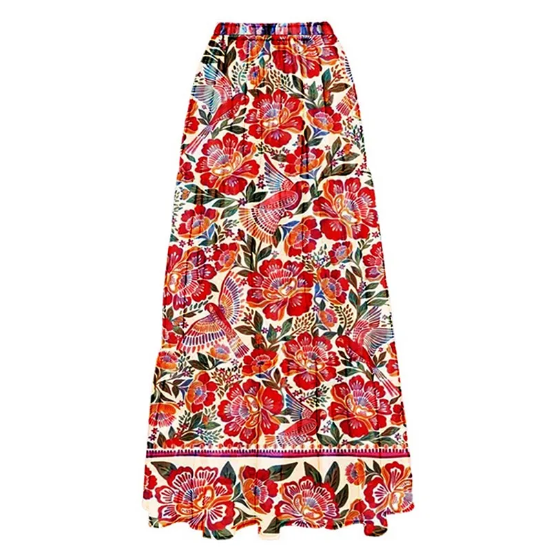Retro Print Deep V Gorgeous Red And One-Piece Suit With Skirt Cover Up