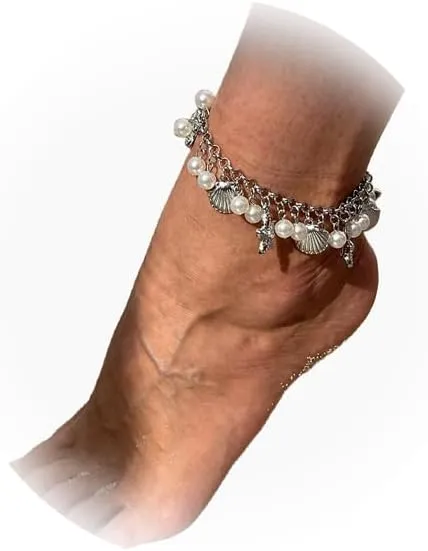 Rhinestone Pearl Tassel Anklet Bracelet Summer Beach Bikini Shell Starfish Foot Chain Metal Adjustable Pearl Anklet Body Jewelry for Women