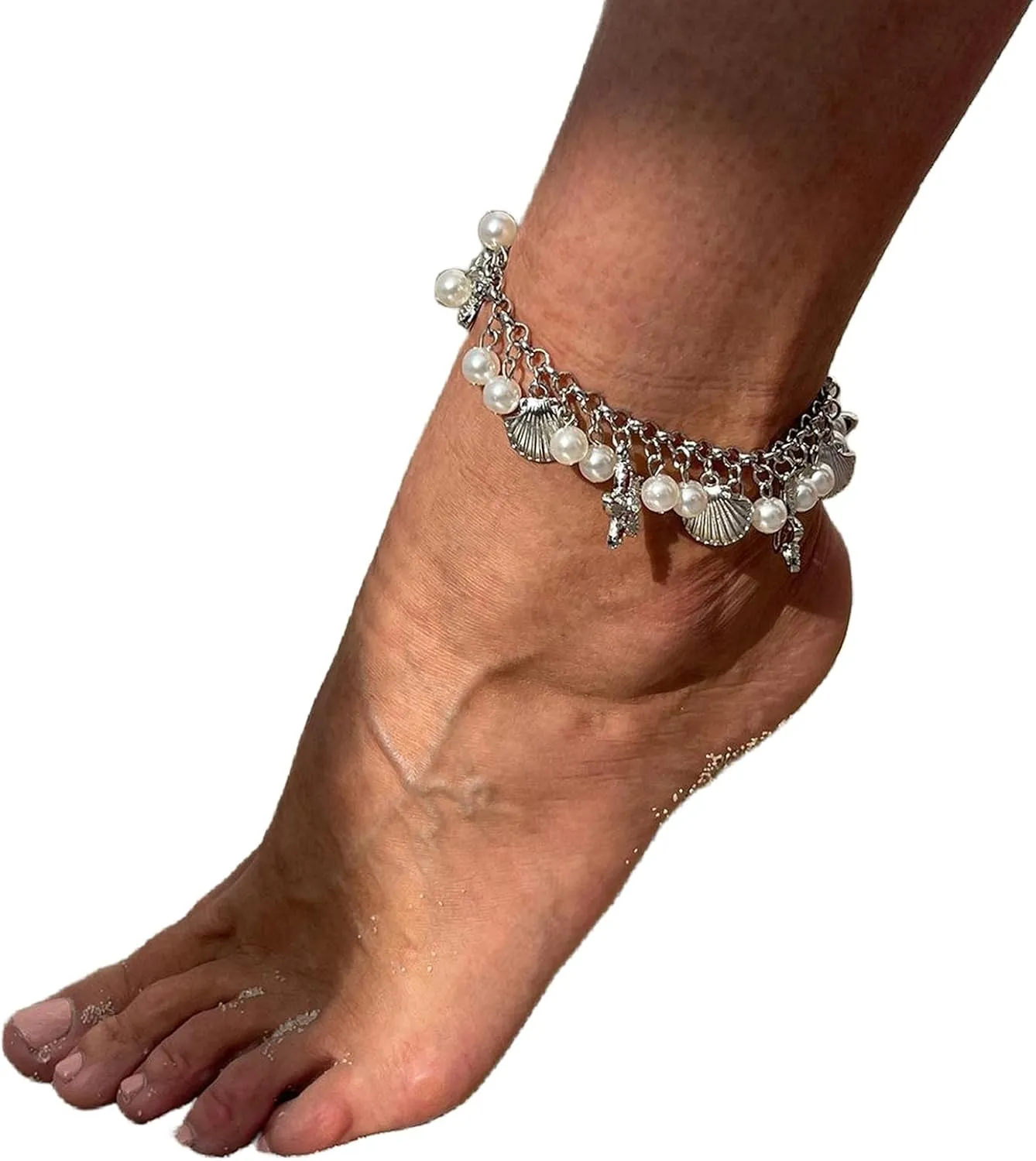 Rhinestone Pearl Tassel Anklet Bracelet Summer Beach Bikini Shell Starfish Foot Chain Metal Adjustable Pearl Anklet Body Jewelry for Women