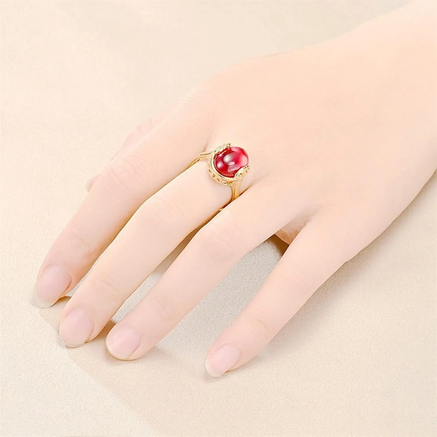 Ring Sets for Women, Ring for Girlfriend Vintage Hollow Oval Carnelian Titanium Steel