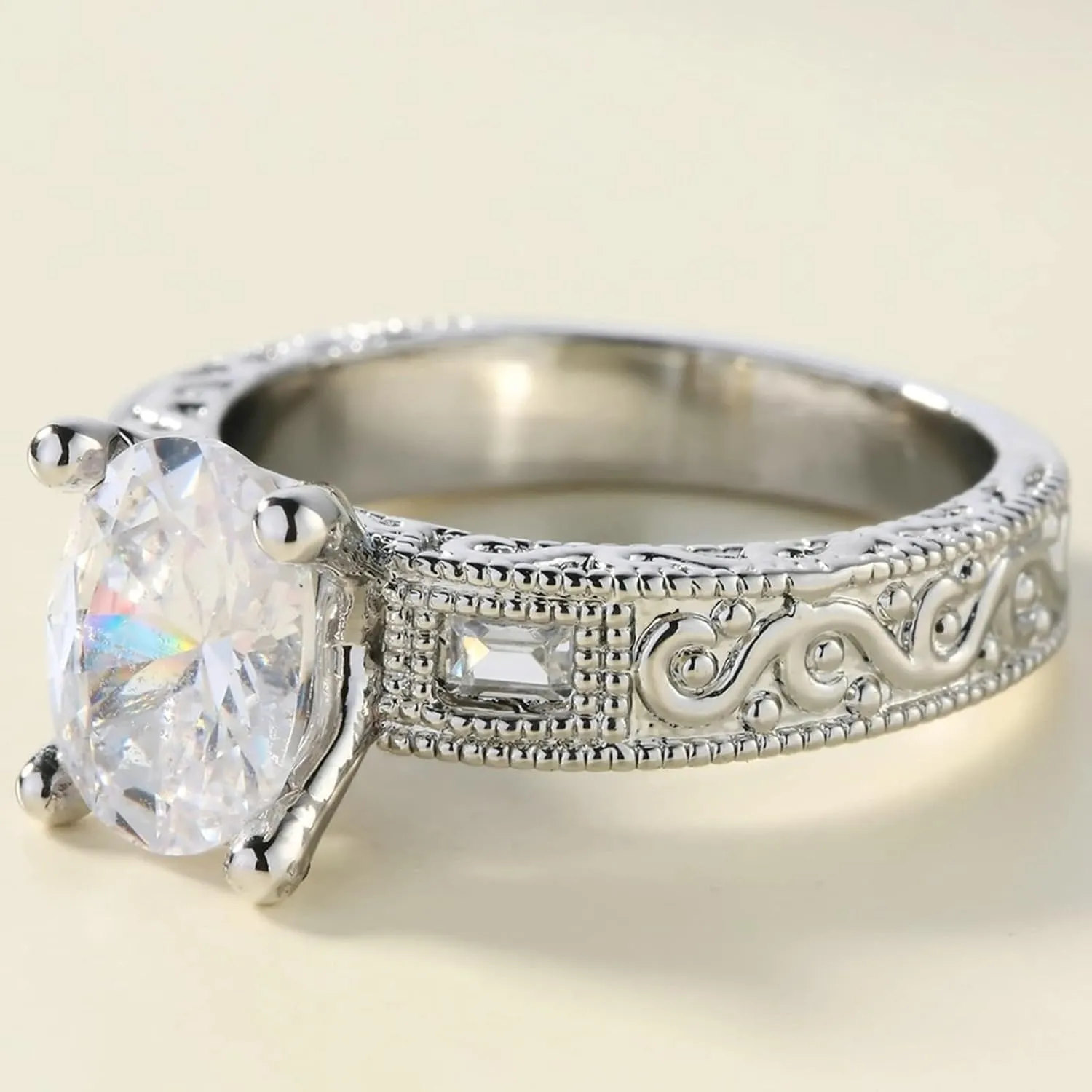 Rings Vintage Chunky, Bridal Sets Wedding Rings with Oval Cubic Zirconia Silver White