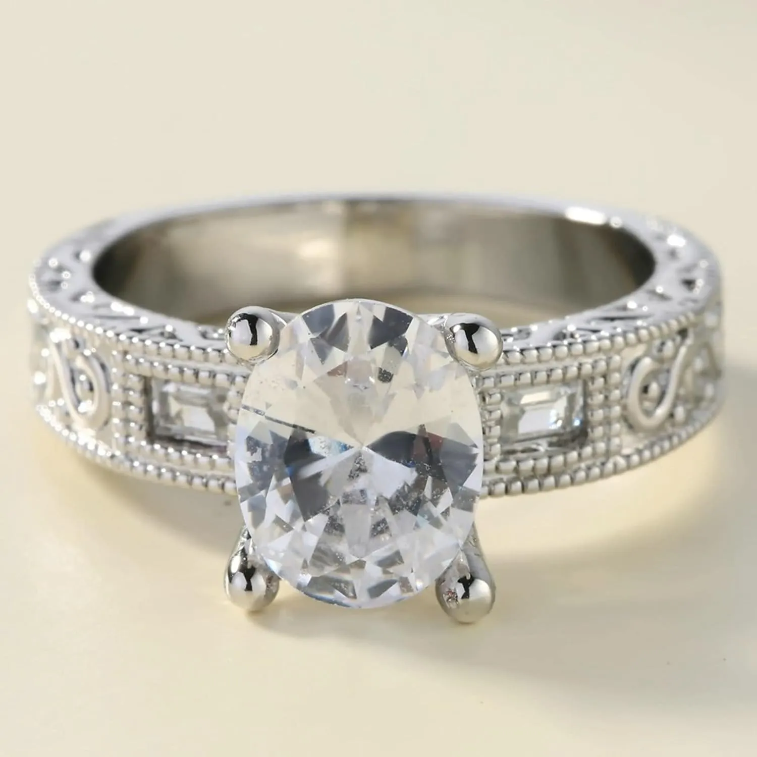 Rings Vintage Chunky, Bridal Sets Wedding Rings with Oval Cubic Zirconia Silver White