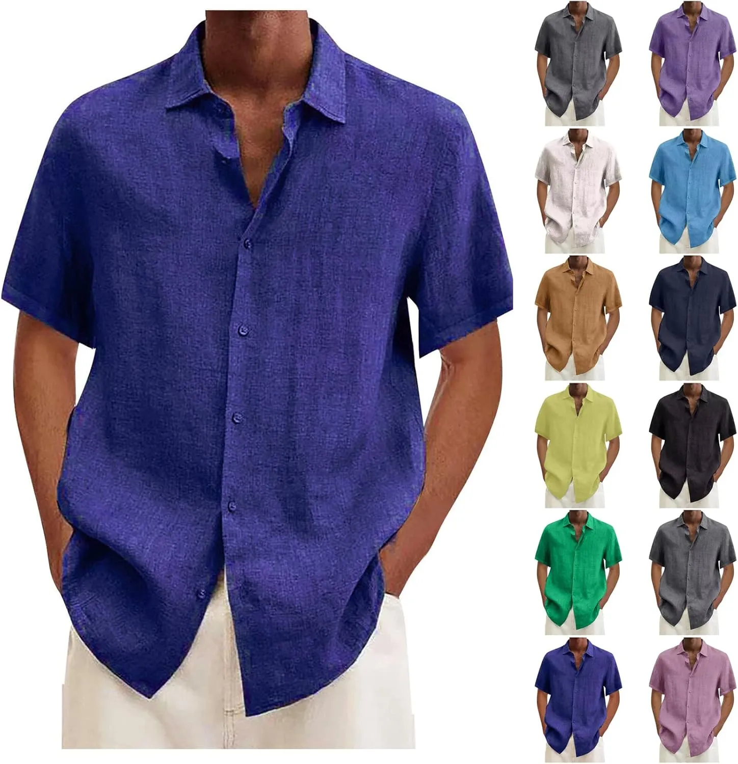RTRDE Men's Shirts Dress Shirts Summer Casual Cotton Linen Solid Color Short Sleeve Shirts Loose, S-3XL