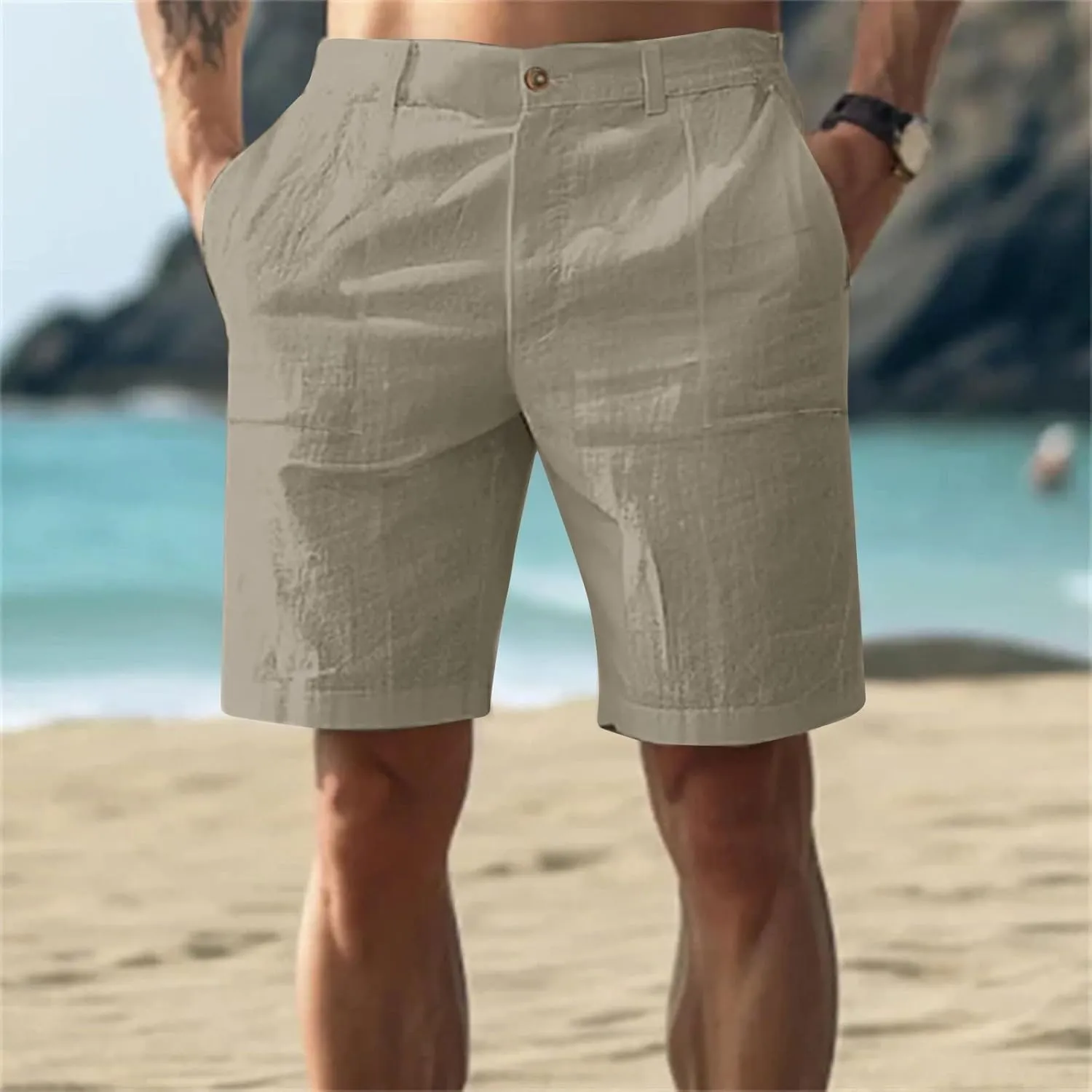 RTTUIOP Linen Shorts for Men Elastic Waist Shorts Casual Summer Beach Lightweight Cotton Linen Pants with Pockets