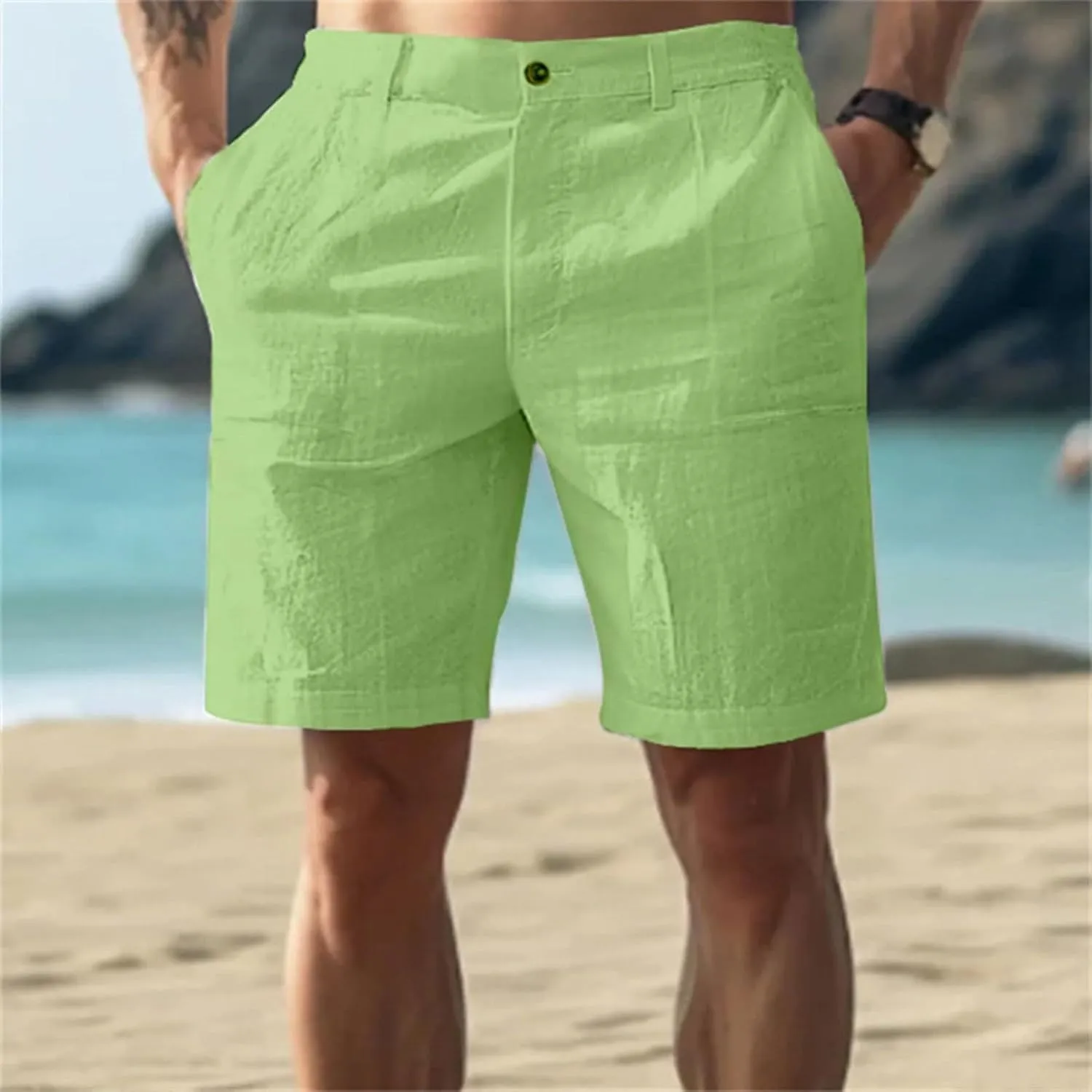 RTTUIOP Linen Shorts for Men Elastic Waist Shorts Casual Summer Beach Lightweight Cotton Linen Pants with Pockets