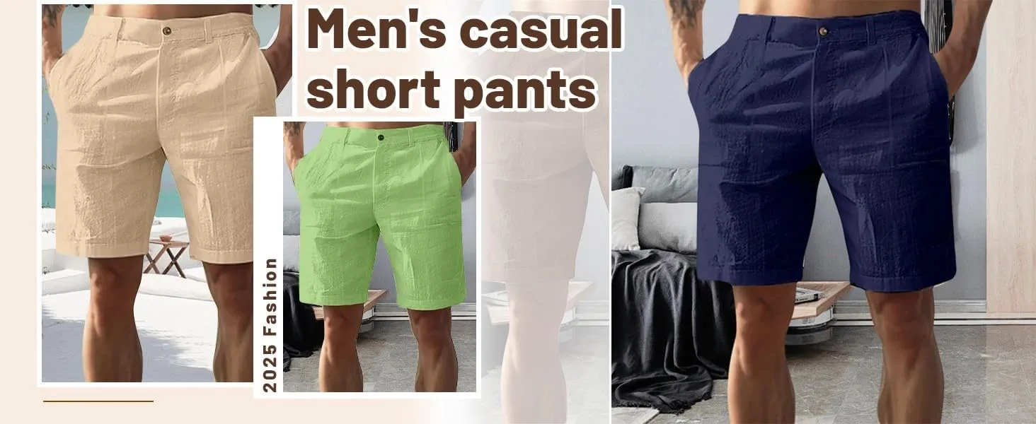 RTTUIOP Linen Shorts for Men Elastic Waist Shorts Casual Summer Beach Lightweight Cotton Linen Pants with Pockets