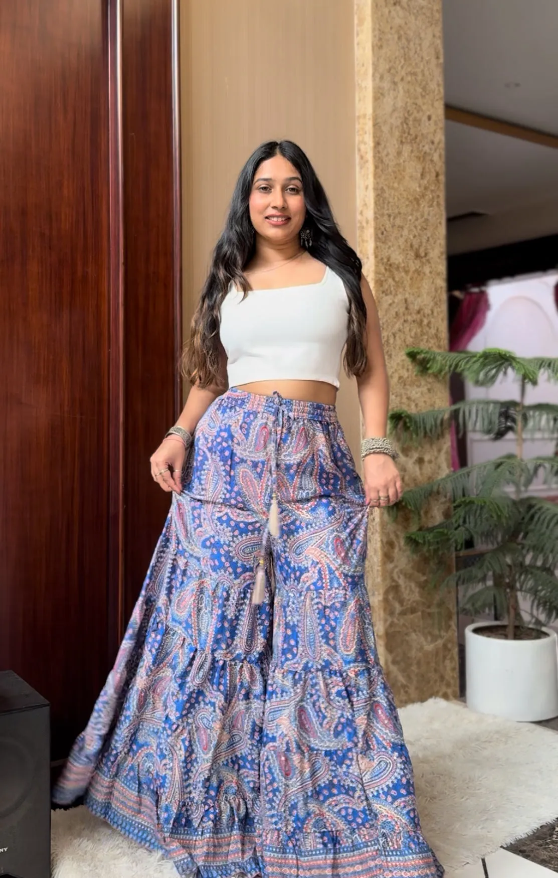 Ruffle Panel Boho Printed Palazzo - Blue