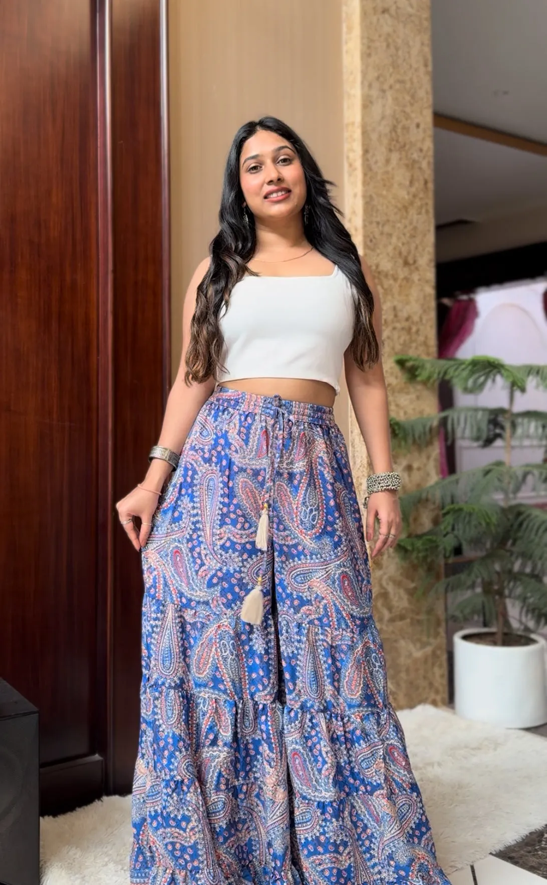Ruffle Panel Boho Printed Palazzo - Blue
