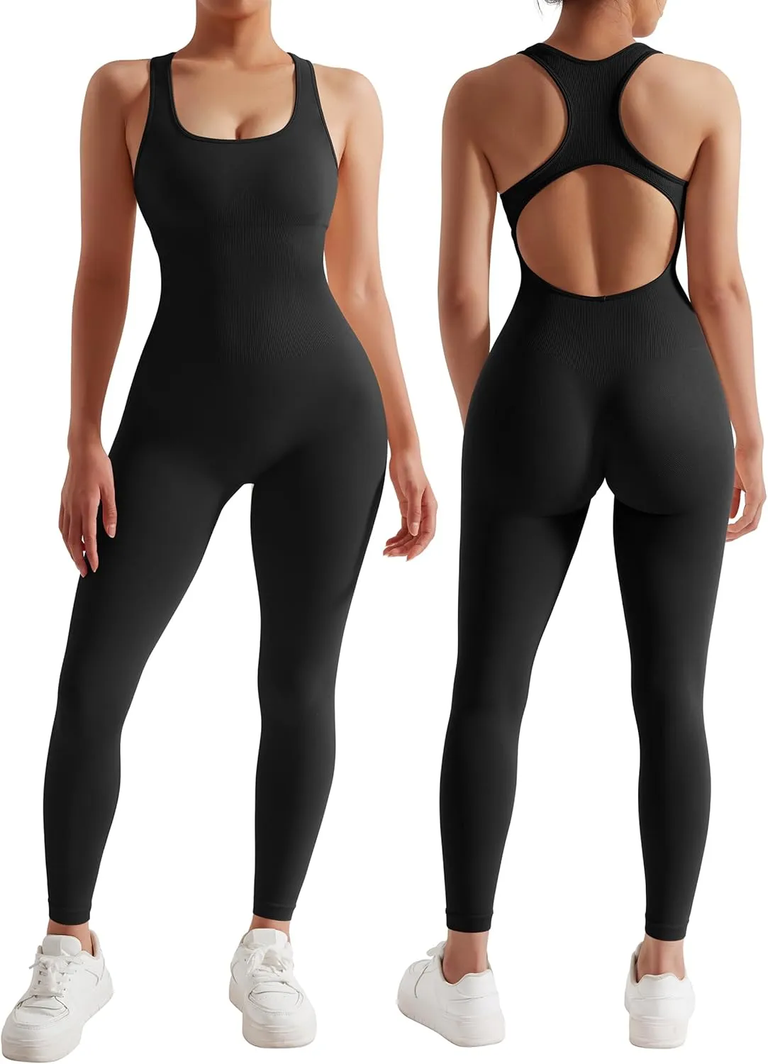 RXRXCOCO Women Backless One Piece Jumpsuits Sleeveless Scoop Neck Bodycon Romper Seamless Workout Yoga Jumpsuits