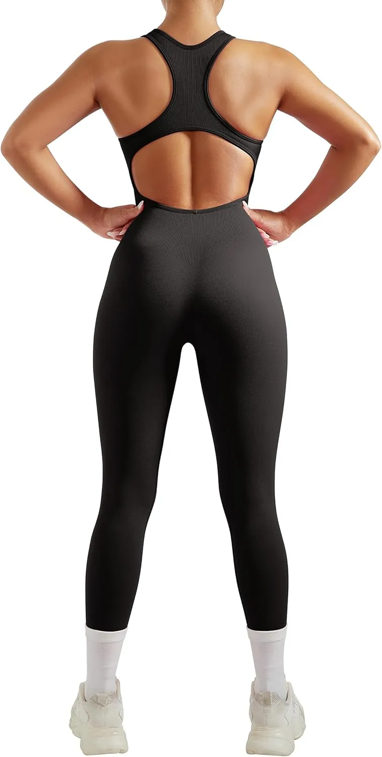 RXRXCOCO Women Backless One Piece Jumpsuits Sleeveless Scoop Neck Bodycon Romper Seamless Workout Yoga Jumpsuits