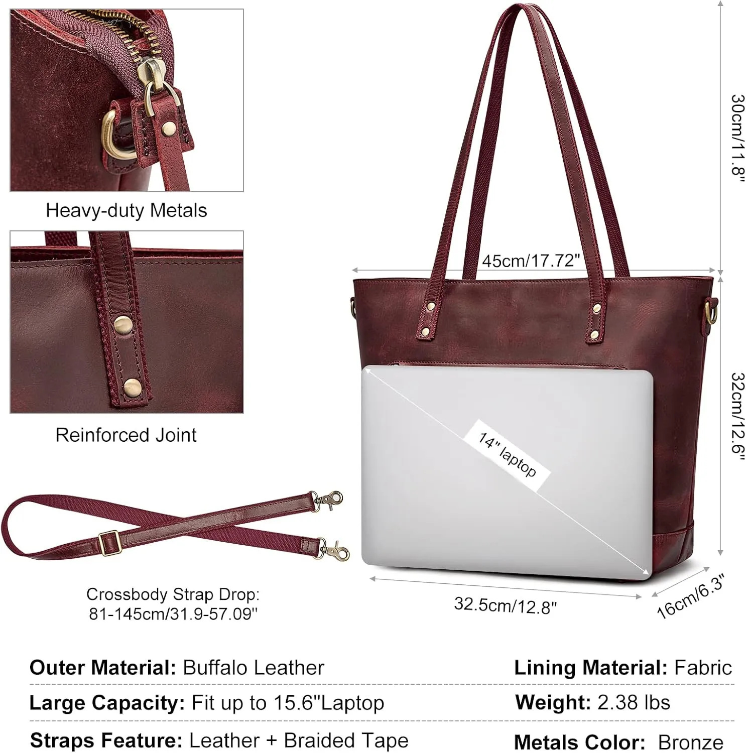 S-ZONE Vintage Genuine Leather Shoulder Bag Work Totes for Women Purse Handbag with Back Zipper Pocket Large