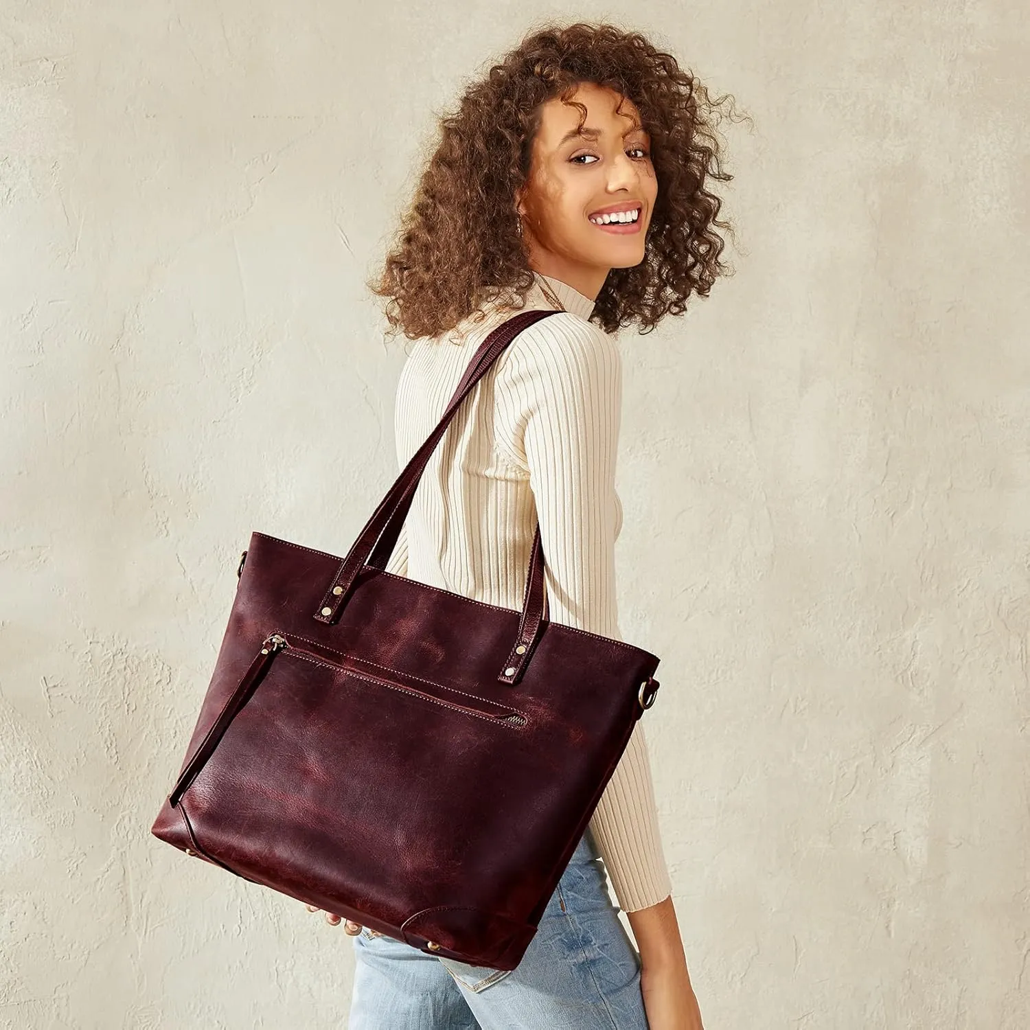 S-ZONE Vintage Genuine Leather Shoulder Bag Work Totes for Women Purse Handbag with Back Zipper Pocket Large