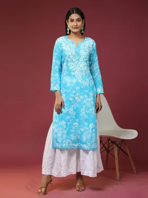 Samma Mul Printed  Hand Embroidery Chikankari Kurta- Light Blue